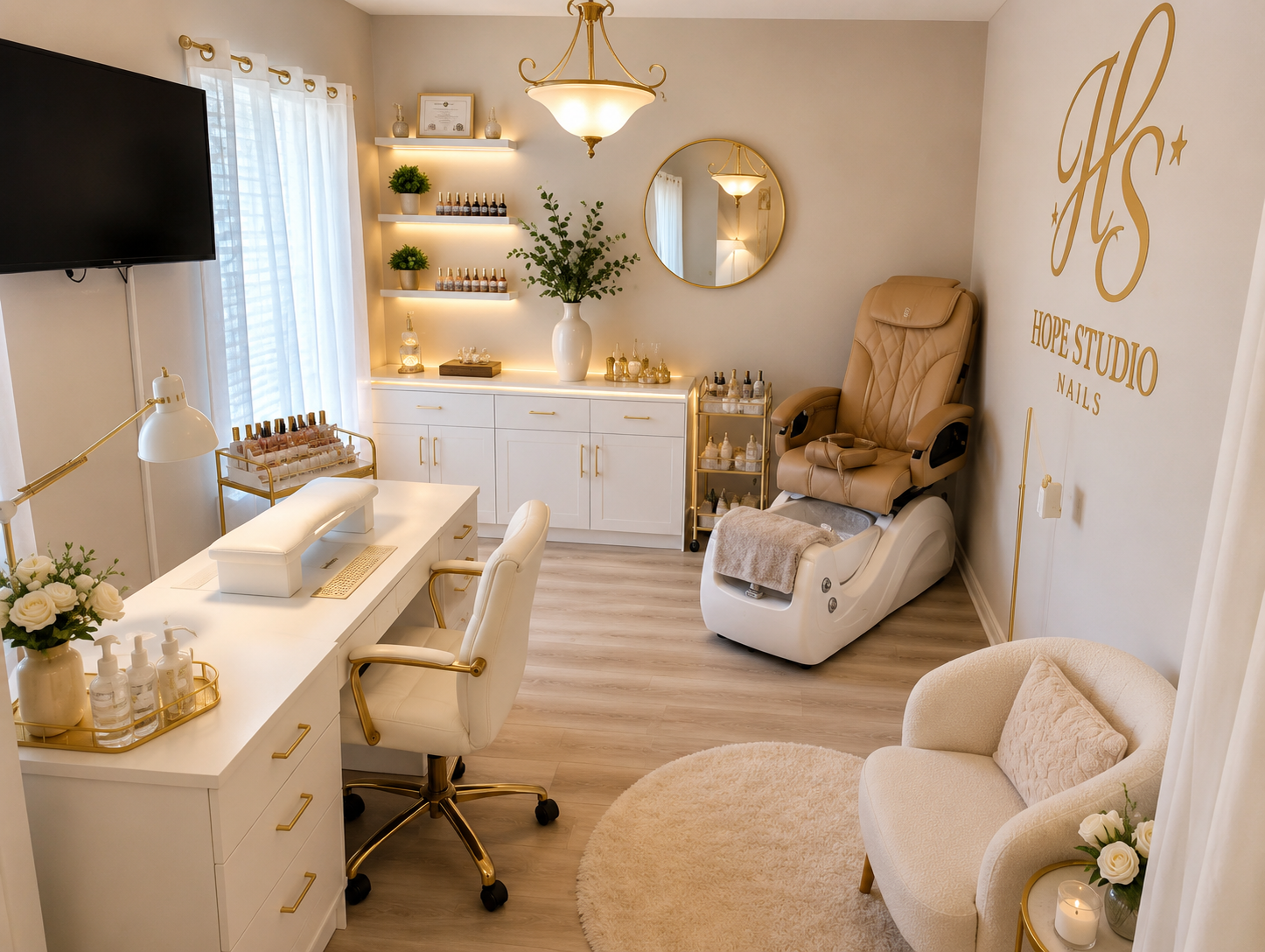 Interior of Hope Studio Nails salon with gold and white boutique styling